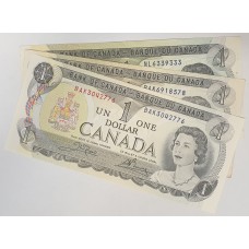 CANADA 1973 . 3 x ONE 1 DOLLAR BANKNOTES . LAWSON / BOUEY
